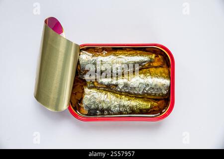 Étain de sardines dans l'huile isolé sur fond blanc. Boîte de sardines à l'huile sur fond blanc Banque D'Images