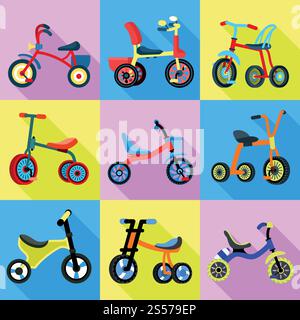 Icônes tricycle définies. Ensemble plat d'icônes vectorielles tricycle pour la conception de sites Web. Icônes tricycle définies, style plat Illustration de Vecteur