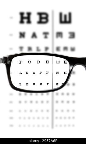 Lunettes devant un graphique oculaire. Arrière-plan du dispositif optique. Lunettes devant un graphique oculaire Banque D'Images