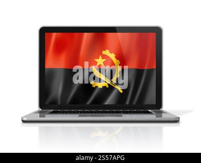 Drapeau de l'Angola sur l'écran d'ordinateur portable isolé sur blanc. Rendu d'illustration 3D. Drapeau angolais sur écran d'ordinateur portable isolé sur blanc. Illustration 3D. Banque D'Images