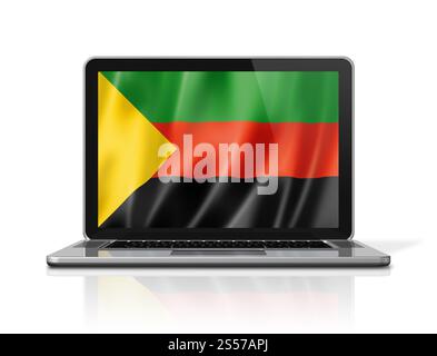 Drapeau Azawad MNLA sur écran d'ordinateur portable isolé sur blanc. Rendu d'illustration 3D. Drapeau Azawad MNLA sur écran d'ordinateur portable isolé sur blanc. Illustration 3D. Banque D'Images