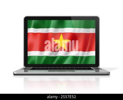 Drapeau du Suriname sur écran d'ordinateur portable isolé sur blanc. Rendu d'illustration 3D. Drapeau du Suriname sur écran d'ordinateur portable isolé sur blanc. Illustration 3D. Banque D'Images