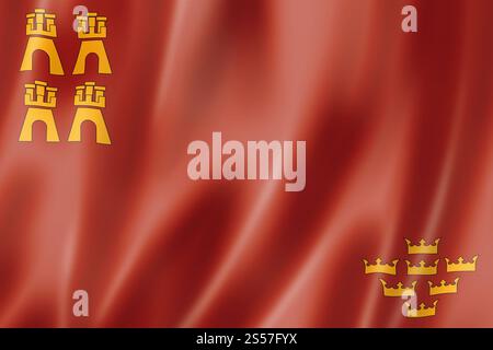 Drapeau de la province de Murcie, Espagne agitant la collection de bannières. Illustration 3D. Drapeau de la province de Murcie, Espagne Banque D'Images