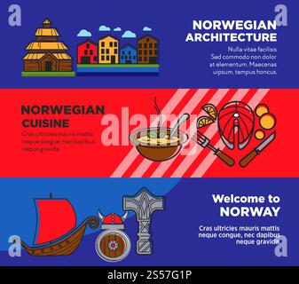 Voyage en Norvège affiches promotionnelles avec l'architecture et la cuisine traditionnelles. Pays nordique froid avec une histoire intéressante et de délicieuses bannières publicitaires de nourriture illustrations vectorielles ensemble.. Voyage en Norvège affiches promotionnelles avec l'architecture et la cuisine traditionnelles Illustration de Vecteur