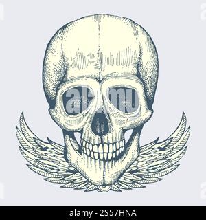 Crâne humain esquissé avec des ailes - affiche de style motard vintage, conception vectorielle d'étiquette isolé sur fond. Crâne humain esquissé avec des ailes - affiche de style motard vintage, conception vectorielle d'étiquette Illustration de Vecteur