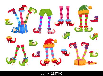 Pieds d'elfe. Pied d'elfes en chaussures et chapeau. Jambe naine de Noël dans un pantalon avec un ensemble de vecteur isolé de cadeaux de père noël. Bottes elfe, illustration de pied de leprechaun rayé de noël. Pieds d'elfe. Pied d'elfes en chaussures et chapeau. Jambe naine de Noël dans un pantalon avec un ensemble de vecteur isolé de cadeaux de père noël Illustration de Vecteur