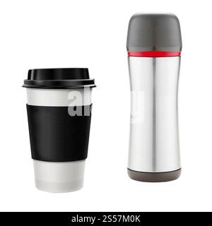 Tasse à café et thermos isolés sur fond blanc. Tasse à café et thermos Banque D'Images