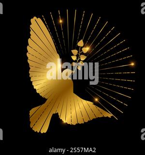 Logo Golden Colombe of Peace. Pigeon, branche et starburst sur fond noir. Colombe vectorielle dorée avec l'illustration d'aile et de branche. Logo Golden Colombe of Peace. Pigeon, branche et starburst sur fond noir Illustration de Vecteur