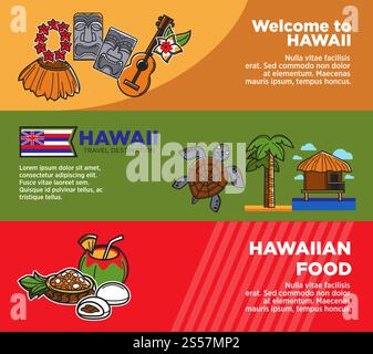 Ensemble d'affiches horizontales promotionnelles de destination de voyage exotique Hawaii. Attributs symboliques, nature du climat tropical et nourriture délicieuse avec des illustrations vectorielles de boissons sur des bannières publicitaires.. Ensemble d'affiches horizontales promotionnelles de destination de voyage exotique Hawaii Illustration de Vecteur