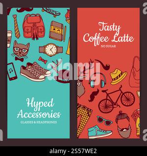 Vecteur hipster doodle icônes bannières Web verticales et illustration d'affiche. Vecteur hipster doodle icônes bannières illustration Illustration de Vecteur
