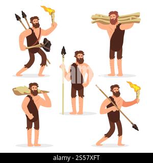 Personnage de dessin animé d'hommes primitifs de l'âge de pierre de l'ensemble. Illustration vectorielle. Ensemble de personnages de dessins animés d'hommes primitifs de l'âge de pierre Illustration de Vecteur