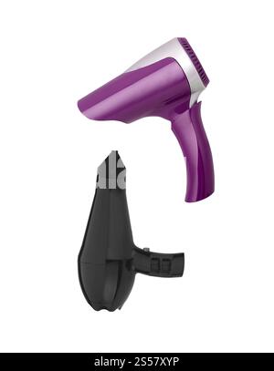 Sèche-cheveux noir et violet isolé sur fond blanc Banque D'Images