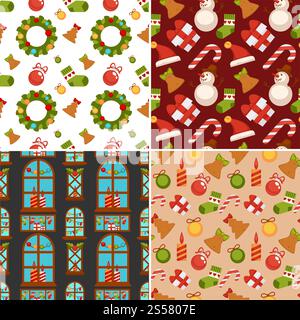 Motif sans couture de Noël composé de boîtes-cadeaux attachées avec ruban, jouets décoratifs pour arbre de fête, délicieuses friandises et bougies allumées illustrations vectorielles isolées de dessin animé sur fond blanc .. Illustration vectorielle de modèle sans couture de Noël Illustration de Vecteur