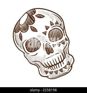 Crâne avec contour d'esquisse monochrome de fleur dans le vecteur de style mexicain. Icône isolée de squelette décoré d'éléments floraux, culture muertos du Mexique. Calavera tête humaine effrayante en os, objet gothique. Crâne avec fleur, contour d'esquisse monochrome dans le style mexicain Illustration de Vecteur