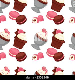 Boulangerie et gâteaux produits culinaires cuits au four vecteur de modèle sans couture. Ingrédients au chocolat et garniture, sucette et gâteaux, bonbons avec farce de vanille. Dessert sucré au goût de fraise. Boulangerie et gâteaux produits culinaires cuits au four vecteur de modèle sans couture. Illustration de Vecteur