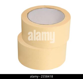 Ruban Scotch jaune isolé sur blanc Banque D'Images