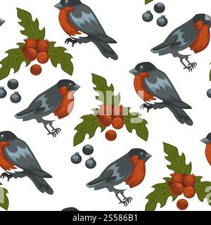 Joyeux Noël oiseau bullfinch et symbole de gui modèle sans couture isolé sur le vecteur de fond blanc. Feuilles traditionnelles de Noël de plantes et de baies, animal avec des plumes. Birdie en hiver. Joyeux Noël bullfinch oiseau et symbole de gui motif sans couture Illustration de Vecteur