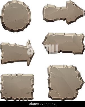 Les panneaux de direction de déplacement de pierre et les blocs isolent sur blanc. Panneau de roche de flèche de dessin animé, bloc de rocher de pointeur rectangle. Illustration vectorielle. Les panneaux de direction de déplacement de pierre et les blocs isolent sur blanc Illustration de Vecteur