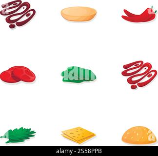 Jeu d'icônes de composant hamburger. Ensemble de dessins animés de 9 icônes vectorielles de composant de burger pour la conception Web isolé sur fond blanc. Jeu d'icônes de composant Burger, style de dessin animé Illustration de Vecteur