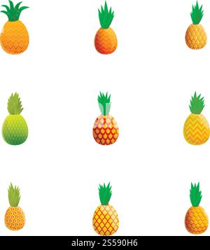 Jeu d'icônes d'ananas frais. Ensemble de dessins animés de 9 icônes vectorielles d'ananas frais pour la conception Web isolé sur fond blanc. Ensemble d'icônes d'ananas frais, style de bande dessinée Illustration de Vecteur