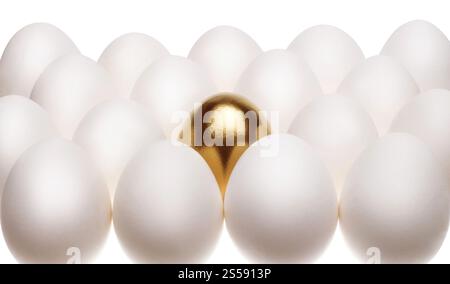 un oeuf doré pond parmi les oeufs blancs communs isolés sur fond blanc. un oeuf doré pond parmi les oeufs blancs communs Banque D'Images