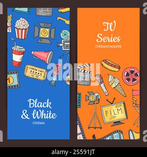 Illustration d'icônes de doodle de cinéma vectoriel. Ensemble de bannières colorées ou affiche. Illustration d'icônes de doodle de cinéma vectoriel Illustration de Vecteur