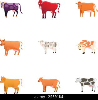 Jeu d'icônes de vache de ferme. Ensemble de dessins animés de 9 icônes vectorielles de vache de ferme pour la conception Web isolé sur fond blanc. Ensemble d'icônes de vache de ferme, style de dessin animé Illustration de Vecteur