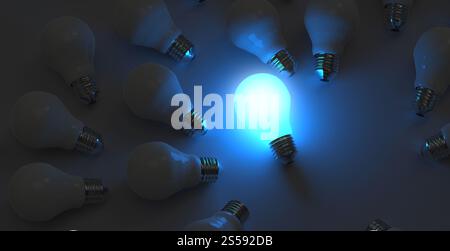Ampoule lumineuse entre les autres sur fond bleu.Leadership, innovation, grandes idées et concepts d'individualité.rendu 3d. Banque D'Images