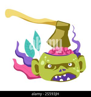 Créature vivante zombie avec hache pointue dans le vecteur cérébral. Cadavre mort de personne avec expression en colère sur le visage et instrument dans la tête. Tuer le mâle infecté, infection et apocalypse, feuillage comme décoration. Créature vivante zombie avec hache pointue dans le vecteur cérébral Illustration de Vecteur