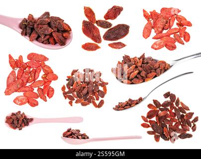 ensemble de baies de goji séchées isolées sur fond blanc Banque D'Images