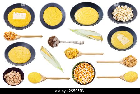 ensemble de diverses cornes de maïs cuites et non cuites isolées sur fond blanc Banque D'Images