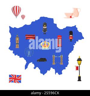 Dessin animé vectoriel Londres vues et objets sur l'illustration de concept de carte silhouette de Londres. Vector London Sights Illustration de Vecteur