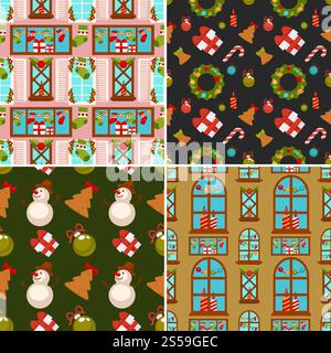 Motif sans couture de Noël composé de boîtes-cadeaux attachées avec ruban, jouets décoratifs pour arbre de fête, délicieuses friandises et bougies allumées illustrations vectorielles isolées de dessin animé sur fond blanc .. Illustration vectorielle de modèle sans couture de Noël Illustration de Vecteur