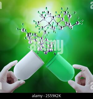 Médecin chercheur détient la main ouverte 3D virtuelle capsule comprimé avec structure moléculaire dans le laboratoire Banque D'Images