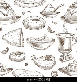 Fond de modèle d'esquisse de cuisine indienne. Conception sans couture vectorielle de poulet traditionnel indien au grill tandoori, riz au curry ou légumes pilaf et soupe samosa ou masala et thé avec des desserts au safran. Fond de modèle d'esquisse de cuisine indienne. Conception vectorielle sans couture Illustration de Vecteur