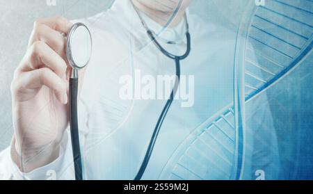 Double exposition de scientifique médecin part détient virtual structure moléculaire dans le laboratoire comme concept Banque D'Images