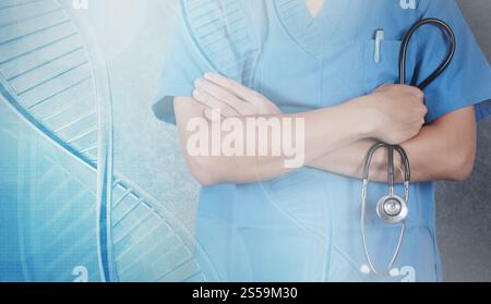 Double exposition de scientifique médecin part détient virtual structure moléculaire dans le laboratoire comme concept Banque D'Images