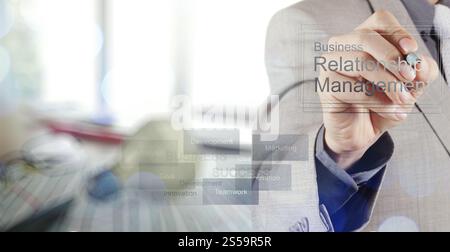 Businessman hand show-business relationship management sur la nouvelle interface de l'ordinateur en tant que concept Banque D'Images