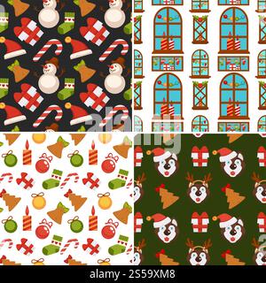 Motif sans couture de Noël composé de boîtes-cadeaux attachées avec ruban, jouets décoratifs pour arbre de fête, délicieuses friandises et bougies allumées illustrations vectorielles isolées de dessin animé sur fond blanc .. Illustration vectorielle de modèle sans couture de Noël Illustration de Vecteur