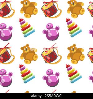 Icônes vectorielles de jouets pour enfants modèle sans couture. Jeux pour enfants ensemble pour filles et garçons de maternelle. Ours en peluche plat, pyramide et vélo, fusée, balle et train. Icônes vectorielles de jouets pour enfants modèle sans couture. Ensemble de jeux pour enfants Illustration de Vecteur