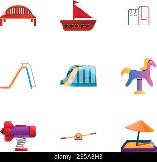 Ensemble d'icônes de jardin d'enfants. Ensemble de dessins animés de 9 icônes vectorielles de jardin d'enfants pour la conception Web isolé sur fond blanc. Ensemble d'icônes de jardin d'enfants, style de dessin animé Illustration de Vecteur