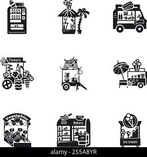 Jeu d'icônes de kiosque de nourriture de rue. Ensemble simple de 9 icônes vectorielles de kiosque de nourriture de rue pour la conception Web isolé sur fond blanc. Ensemble d'icônes de kiosque de nourriture de rue, style simple Illustration de Vecteur