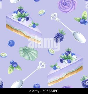Gâteaux à la myrtille, mûre et menthe, guimauve et cuillères en argent. Aquarelle dessinée à la main motif sans couture de délicieux desserts sur lilas pour pâtisserie, textile de cuisine, emballage alimentaire. Banque D'Images