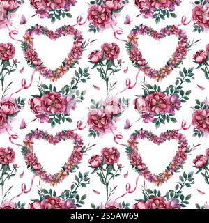 Modèle sans couture avec couronne florale en forme de coeur, ruban rose et papillon. Illustration aquarelle isolée de l'arrière-plan. Cœur de Banque D'Images