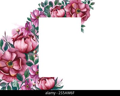 Cadre de fleur ou carte postale. Illustration aquarelle isolée de l'arrière-plan. Pivoines roses, feuilles et anémones pour cartes de voeux ou modèle pour w Banque D'Images