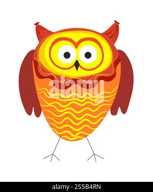 Hibou drôle avec de grands yeux et un plumage lumineux se tient sur de fines griffes avec un corps dosé et des ailes courtes. Personnage d'oiseau inhabituel avec des caractéristiques ridicules illustration vectorielle isolée sur fond blanc.. Hibou drôle avec de grands yeux et plumage lumineux Illustration de Vecteur