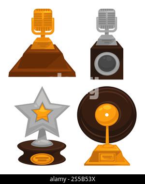 Prestigieux ensemble de prix de musique d'or et d'argent honorables. Microphone rétro, énorme étoile et disque vinyle sur de grands stands avec place pour le nom du gagnant illustrations vectorielles isolées de dessin animé sur fond blanc .. Prestigieux ensemble de prix de musique d'or et d'argent honorables Illustration de Vecteur