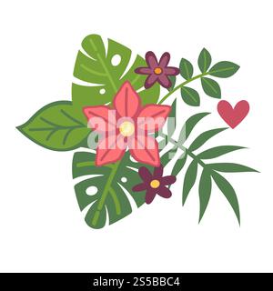 Plantes exotiques tropicales en composition floristique fraîche d'été. Fleurs fleurissent et grandes feuilles de palmier vert dans le petit bouquet original isolé illustration vectorielle plate de dessin animé sur fond blanc.. Plantes exotiques tropicales en composition floristique fraîche d'été Illustration de Vecteur