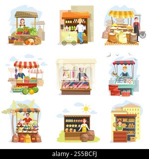 Kiosque de vendeur de rue et comptoirs alimentaires de marché agricole avec des fruits ou des légumes, des bonbons et de la viande de boucherie, des épices ou du pain de boulangerie et des produits de poisson. Ensemble de dessin animé plat isolé de vecteur de vente de rue. Kiosque de vendeur de rue et compteurs de nourriture de marché de ferme vecteur d'icônes de dessin animé plat Illustration de Vecteur
