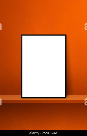 Cadre photo noir appuyé sur une étagère orange. illustration 3d. Modèle de maquette vierge. Arrière-plan vertical. Cadre photo noir appuyé sur orange Banque D'Images